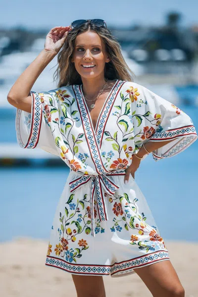 Cupshe White Floral Surplice Half Sleeve Romper
