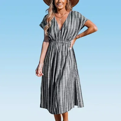 Cupshe Womens Striped Dress Swimsuit Cover-up In Black