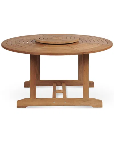 Curated Maison Ambre 59-inch Round Teak Outdoor Dining Table With Lazy Susan And Umbrella Hole In Brown