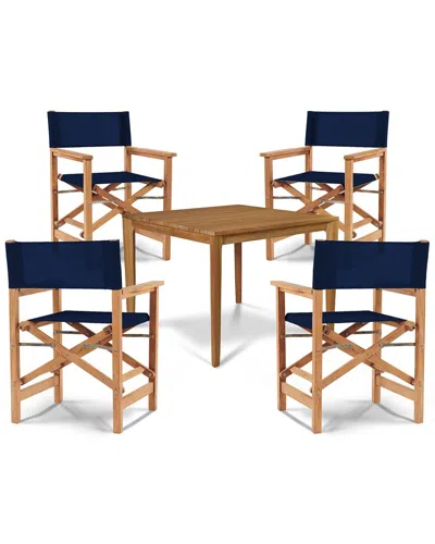 Curated Maison Cateline 5-piece Square Teak Outdoor Dining Set In Blue With Folding Armchairs