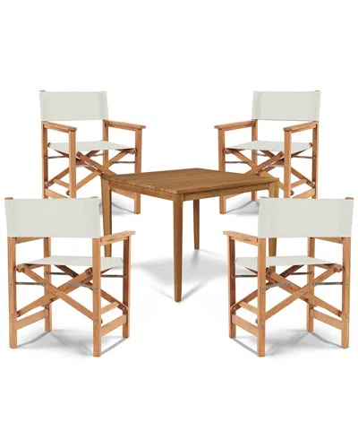Curated Maison Cateline 5-piece Square Teak Outdoor Dining Set In White With Folding Armchairs In Brown