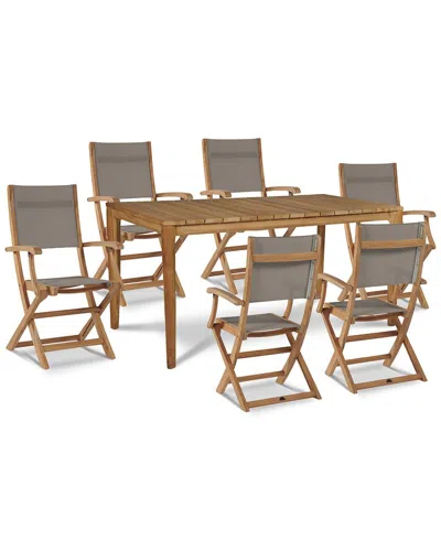 Curated Maison Cateline 7-piece Rectangular Teak Outdoor Dining Set In Taupe With Folding Armchairs In Brown