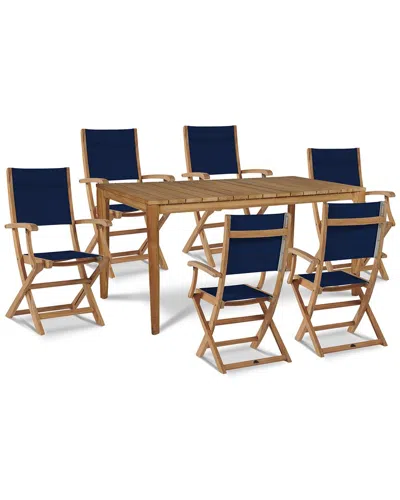 Curated Maison Cateline 7-piece Rectangular Teak Outdoor Dining Set In Blue With Folding Armchairs
