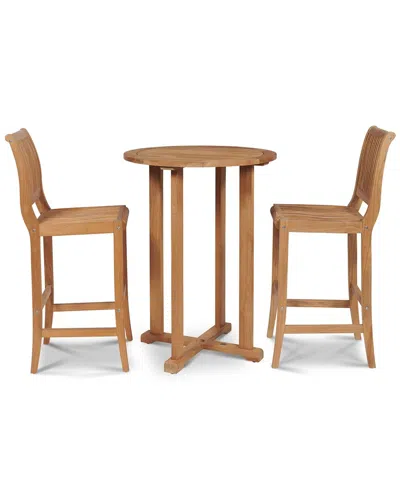 Curated Maison Clement 3-piece Teak Round Table Bar Height Outdoor Dining Set In Brown