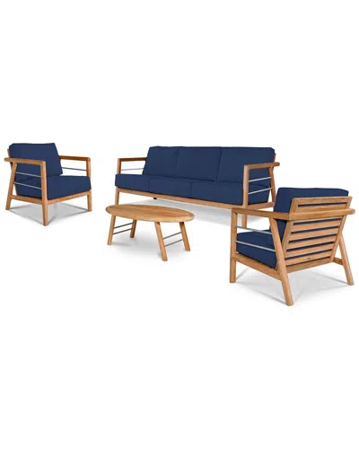 Curated Maison Daniele 4-piece Teak Outdoor Patio Deep Seating Set With Sunbrella® Navy Cushion In Blue