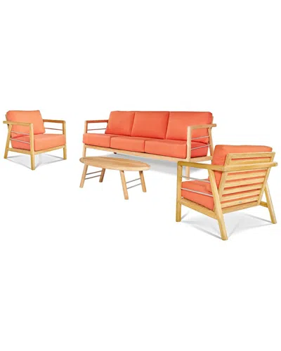 Curated Maison Daniele 4-piece Teak Outdoor Patio Deep Seating Set With Sunbrella® Melon Cushion In Neutral