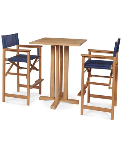 Curated Maison Directeur 3-piece Square Teak Outdoor Bar Height Dining Set In Blue With Folding Armchairs In Brown