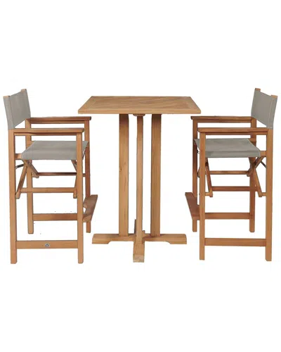 Curated Maison Directeur 3-piece Square Teak Outdoor Bar Height Dining Set In Taupe With Folding Armchairs In Brown