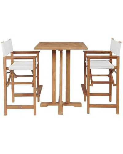 Curated Maison Directeur 3-piece Square Teak Outdoor Bar Height Dining Set In White With Folding Armchairs In Brown