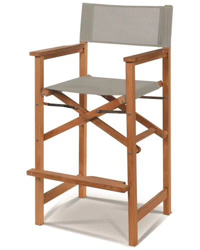 Curated Maison Directeur Teak Outdoor Counter Height Stool With Taupe Dura Sling Back And Seat In Brown