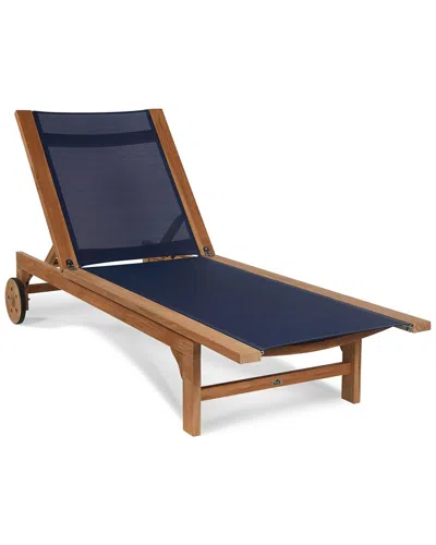 Curated Maison Elie Teak Outdoor Reclining Sun Lounger In Blue With Wheels In Brown