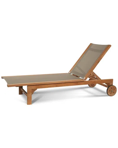 Curated Maison Elie Teak Outdoor Reclining Sun Lounger In Taupe With Wheels In Brown