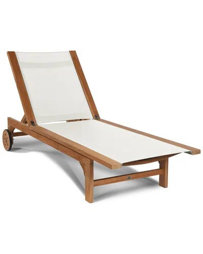 Curated Maison Elie Teak Outdoor Reclining Sun Lounger In White With Wheels In Brown