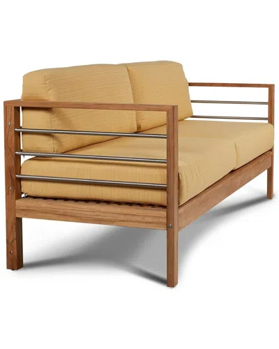 Curated Maison Leon 3 Personteak Outdoor Sofa With Sunbrella Dupione Cornsilk Cushions In Yellow