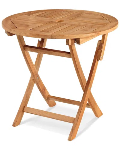 Curated Maison Lydie Round Teak Folding Outdoor Dining Table With Umbrella Hole In Brown