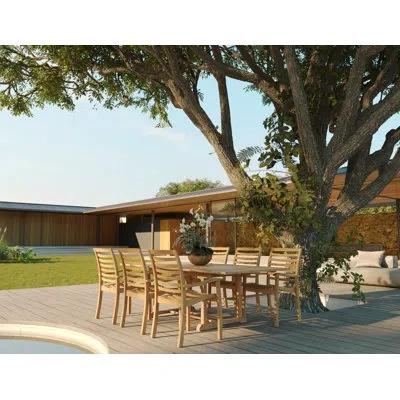 Curated Maison Mathieu 7-piece Rectangular Teak Outdoor Dining Set With Extendable Table And Stacking Armchairs In Brown