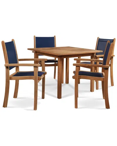 Curated Maison Perrin 5-piece Square Teak Outdoor Dining Set In Blue With Stacking Armchairs In Brown