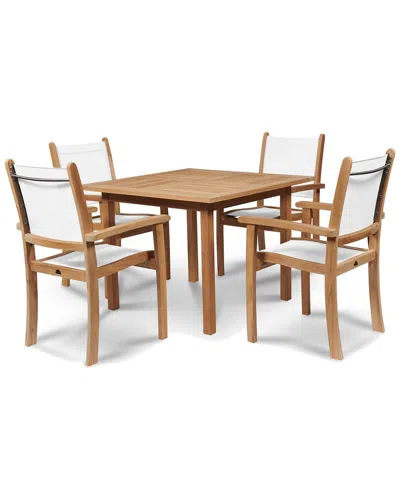 Curated Maison Perrin 5-piece Square Teak Outdoor Dining Set In White With Stacking Armchairs In Brown