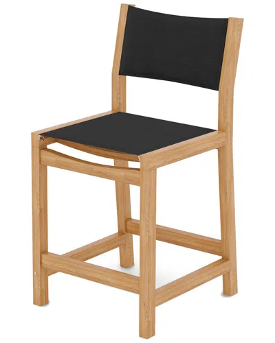 Curated Maison Perrin Teak Outdoor Counter Height Stool With Black Padded Back And Seat In Brown