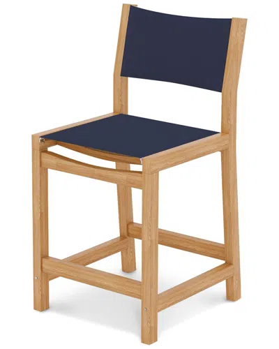 Curated Maison Perrin Teak Outdoor Counter Height Stool With Blue Padded Back And Seat In Brown