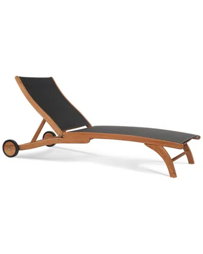 Curated Maison Perrin Teak Outdoor Reclining Sun Lounger In Black With Rear Wheels In Brown
