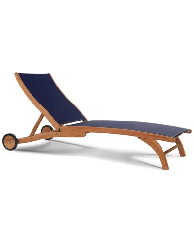 Curated Maison Perrin Teak Outdoor Reclining Sun Lounger In Blue With Rear Wheels In Brown