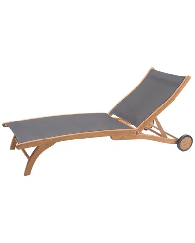 Curated Maison Perrin Teak Outdoor Reclining Sun Lounger In Taupe With Rear Wheels In Black