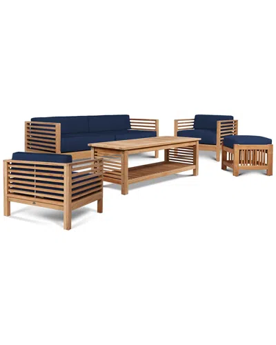 Curated Maison Sylvie 5-piece Teak Outdoor Patio Deep Seating Set With Sunbrella® Navy Cushions In Neutral