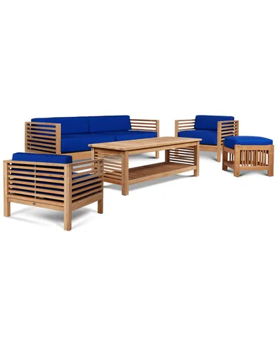 Curated Maison Sylvie 5-piece Teak Outdoor Patio Deep Seating Set With Sunbrella® True Blue Cushions In Neutral