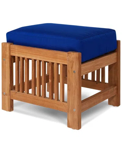 Curated Maison Sylvie Teak Outdoor Ottoman With Sunbrella True Blue Cushions In Brown