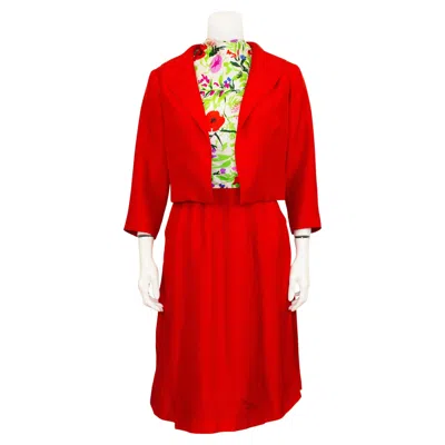 Pre-owned Curiel 1950s  Red And Floral Jacket And Dress Ensemble