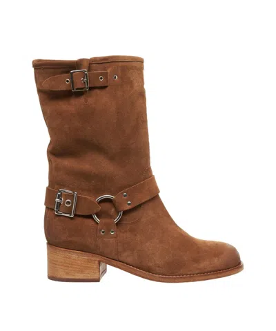 Curiosite Rounded Suede Biker Boots With Metallic Accents In Brown
