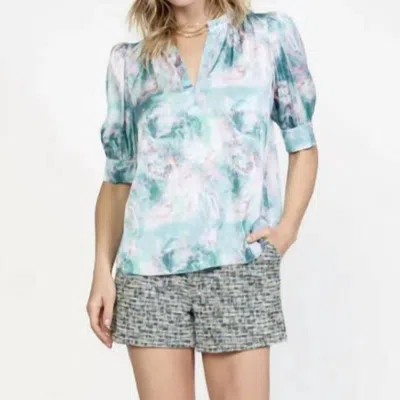 Current Air Abstract Printed Shirt Sleeve Ruffled Split Neck Blouse In Ocean Mulit In Multi