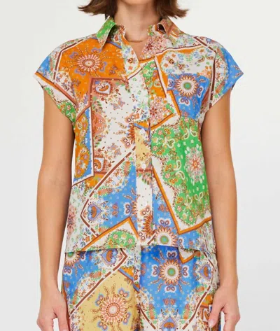 Current Air Bandana Cap Sleeve Button Down Blouse In Multi