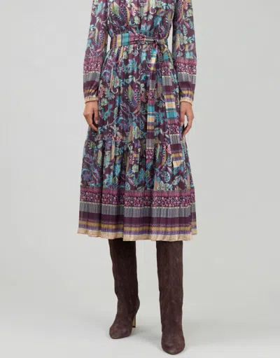 Current Air Belted Print Midi Dress In Plum Multi