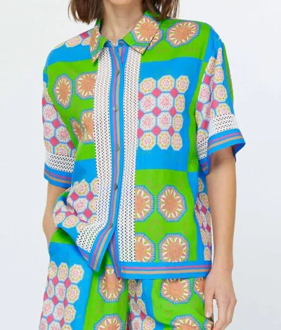 Current Air Boho Geometric Button Up Shirt In Multi In Green
