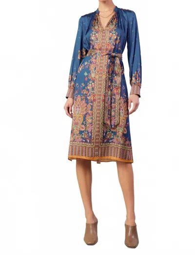 Current Air Border Print Long Sleeve Dress And Sash In Navy In Multi