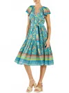 Current Air Briony Tiered Midi Modern Boho Dress In Blue Orange In Green