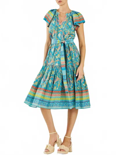 Current Air Briony Tiered Midi Modern Boho Dress In Blue Orange In Green