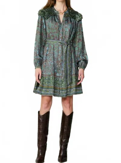 Current Air Button Down Dress With Ruffles In Teal/brown In Multi