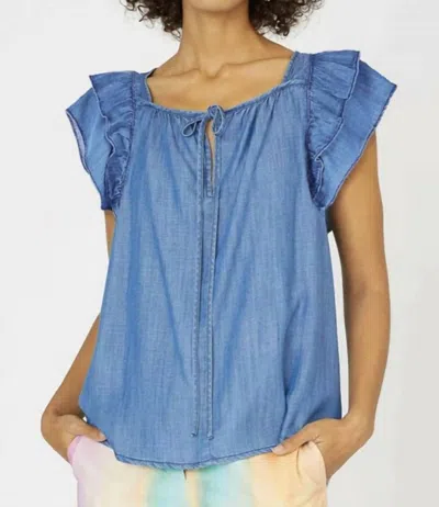 Current Air Chambray Flutter Sleeve Keyhole Back Top In Blue