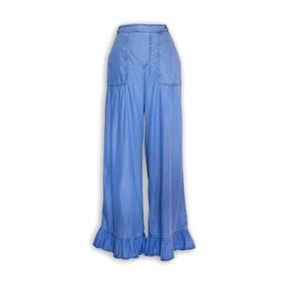 Current Air Chambray Ruffle Hem Pants In Blue