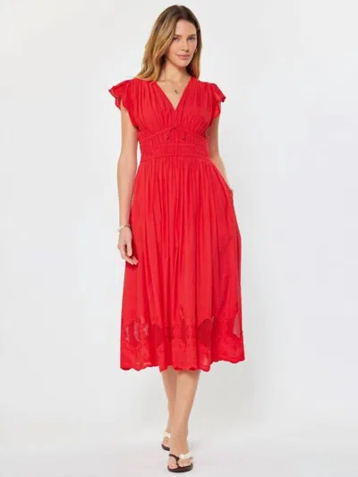 Current Air Cherry Lane Embroidered Lace Midi Dress In Red
