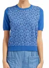 Current Air Contrast Short Sleeve Round Neck Floral Lace Sweater In Blue In Blue