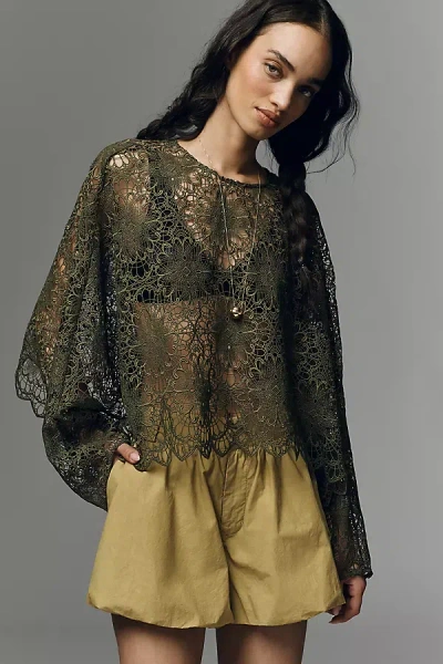 Current Air Cutwork Lace Poncho Top In Green