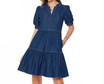 Current Air Denim Tiered Short Sleeve Mini Dress In Indigo In Multi
