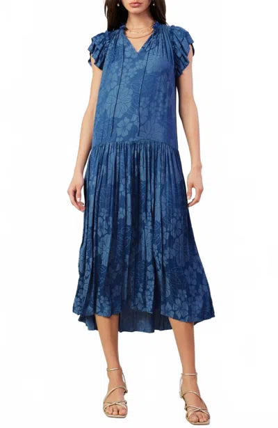 Current Air Ditsy Jacquard Ruffled Neck Dress In Parisian Blue