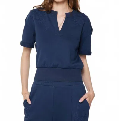 Current Air Embroidered Cropped Short Sleeve Sweatshirt In Dark Navy In Blue