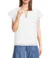 Current Air Embroidered Split Neck Flutter Sleeve Blouse In White In White