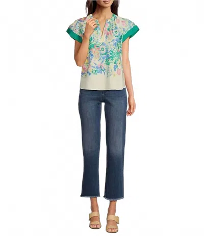 Current Air Floral Border Print Split-neck Blouse In Green Multi